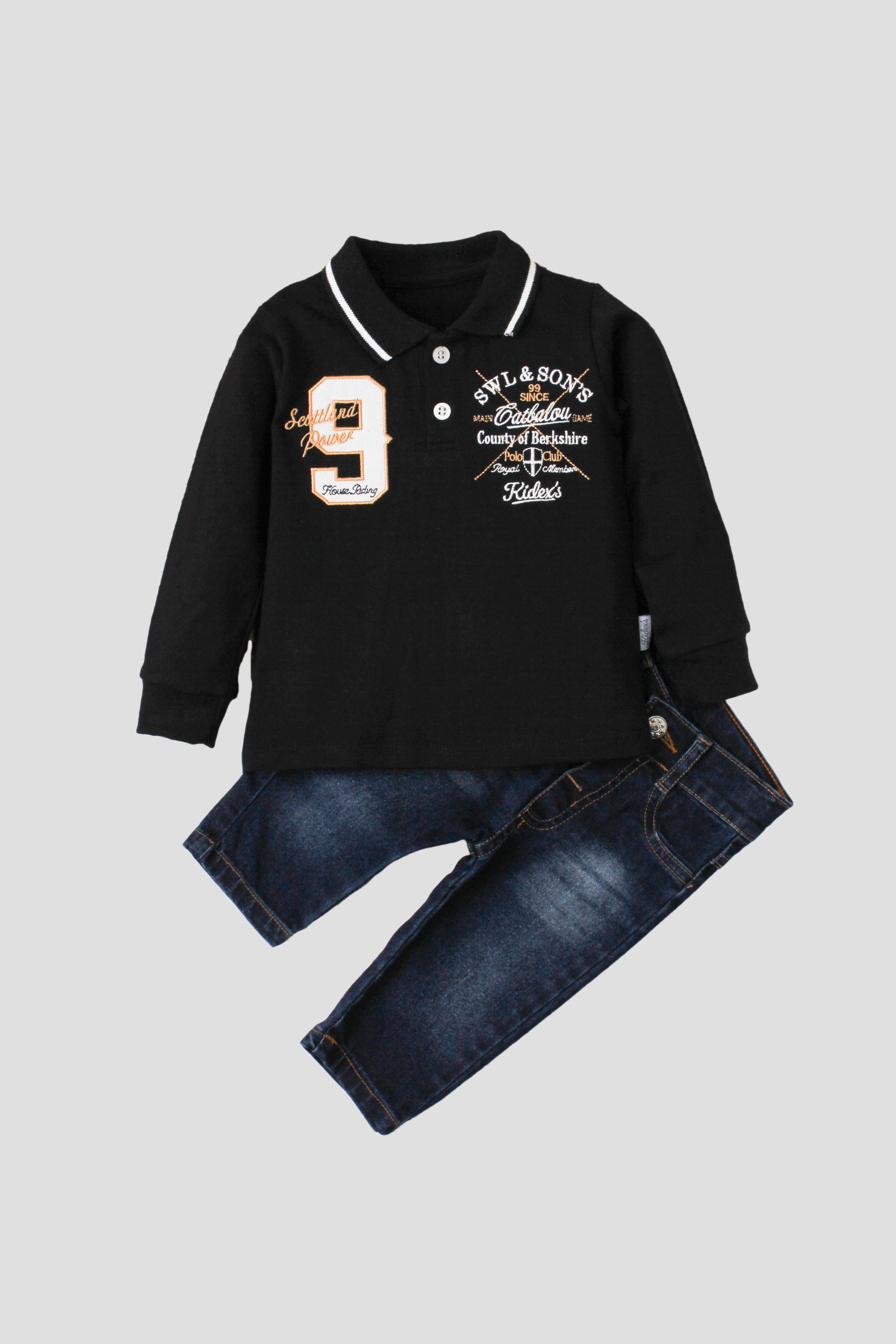 Erkek Bebek Nakışlı Polo Yaka Sweatshirtlü Kot Pantolonlu 2'li Takım 9 24 Ay